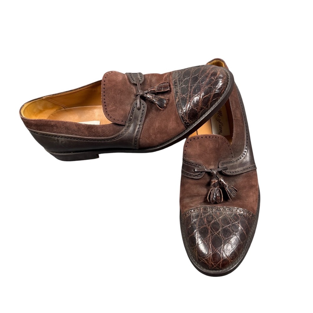 Mezlan Tassel Loafers Mens 9.5 Brown Suede Crocodile Leather Exotic Dress Shoes